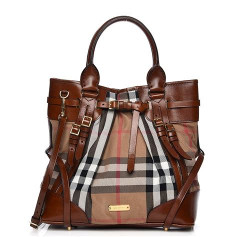 BURBERRY House Check Bridle Calfskin Tote Tan